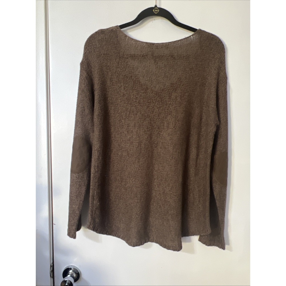 RDI Women's Brown‎ Open Knit Pullover Sweater Sz L High Low Elbow Patch Y2K Boho - Picture 3 of 6